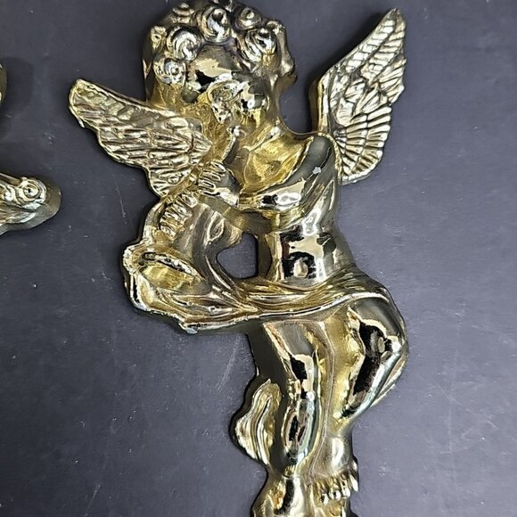 Vintage Cherubs Wall Decor Metal Angels Music Instrument Figures Golden Lot Of 2 - Picture 12 of 14
